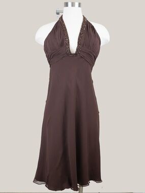 Cache Silk Beaded Halter Dress Brown  Size 2